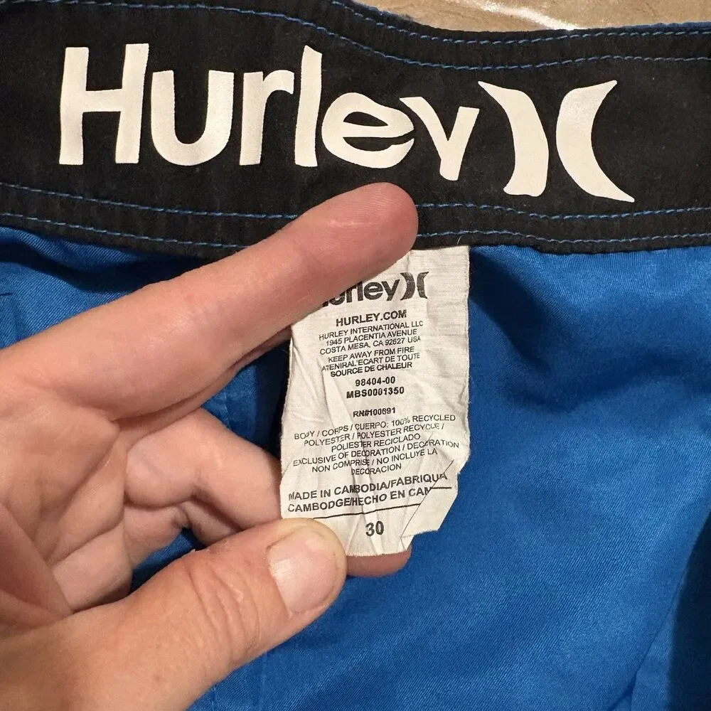 Hurley Blue Board Shorts Swim Trunk Beach Surf Tie Boat Paddle  Mens 30